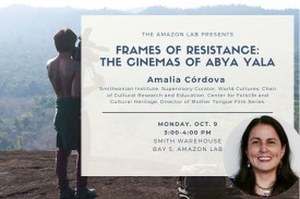 flier with an image of an Indigenous person holding a camera, overlooking a cliff above a forest - with an image of the speaker's face (a woman with dark brown hair and brown skin) in the foreground